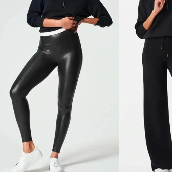 SPANX Pants - SPANX Black Shiny Leggings and Wide-Leg Pants